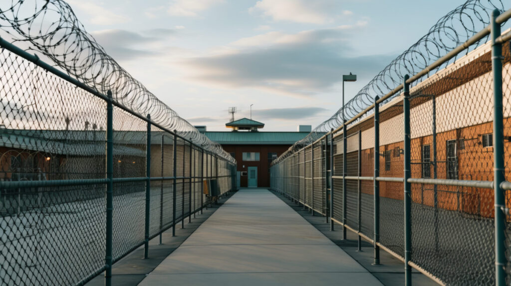 A walkway through a prison with barbed wire